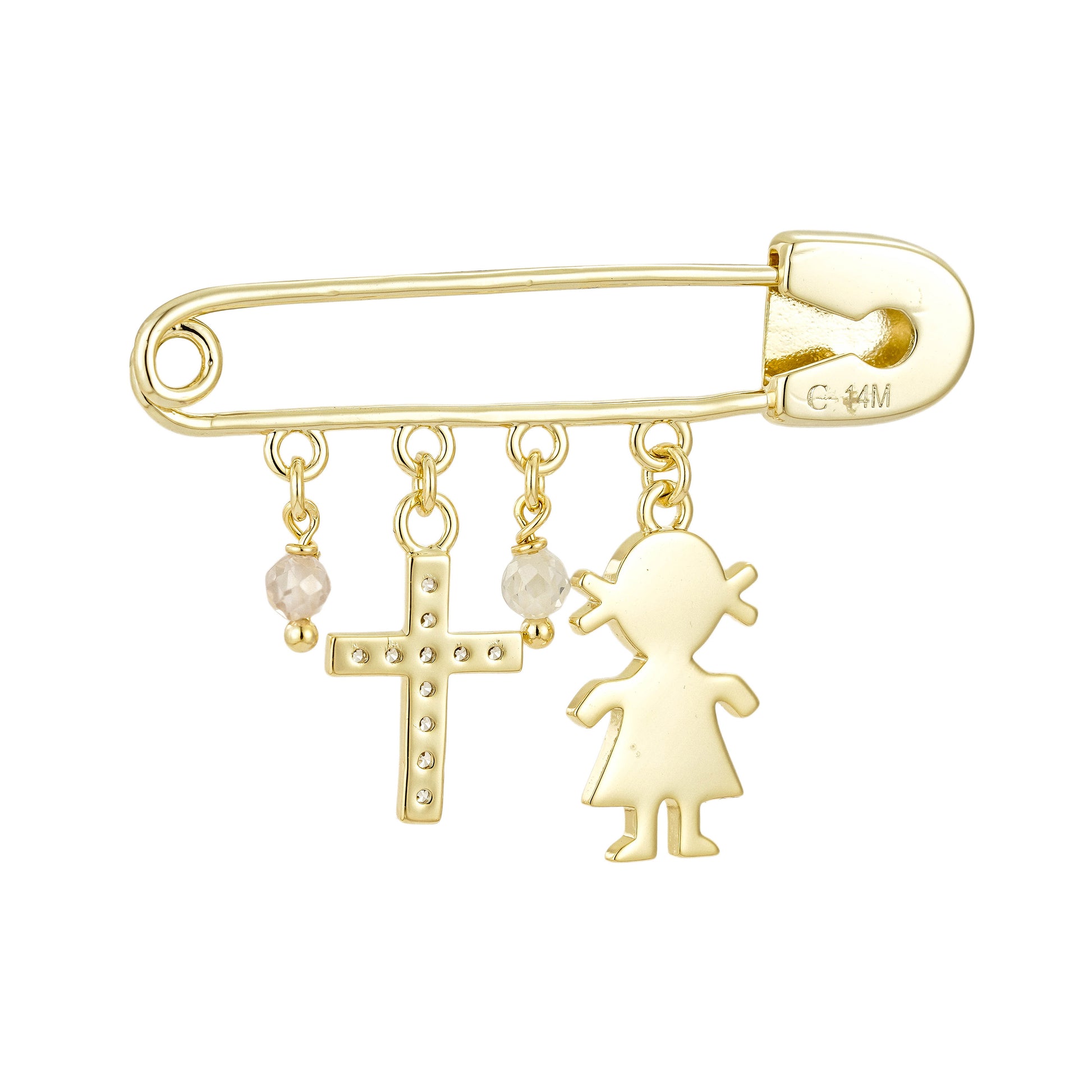 Pin de Bebé con dijes de Cruz y Niña