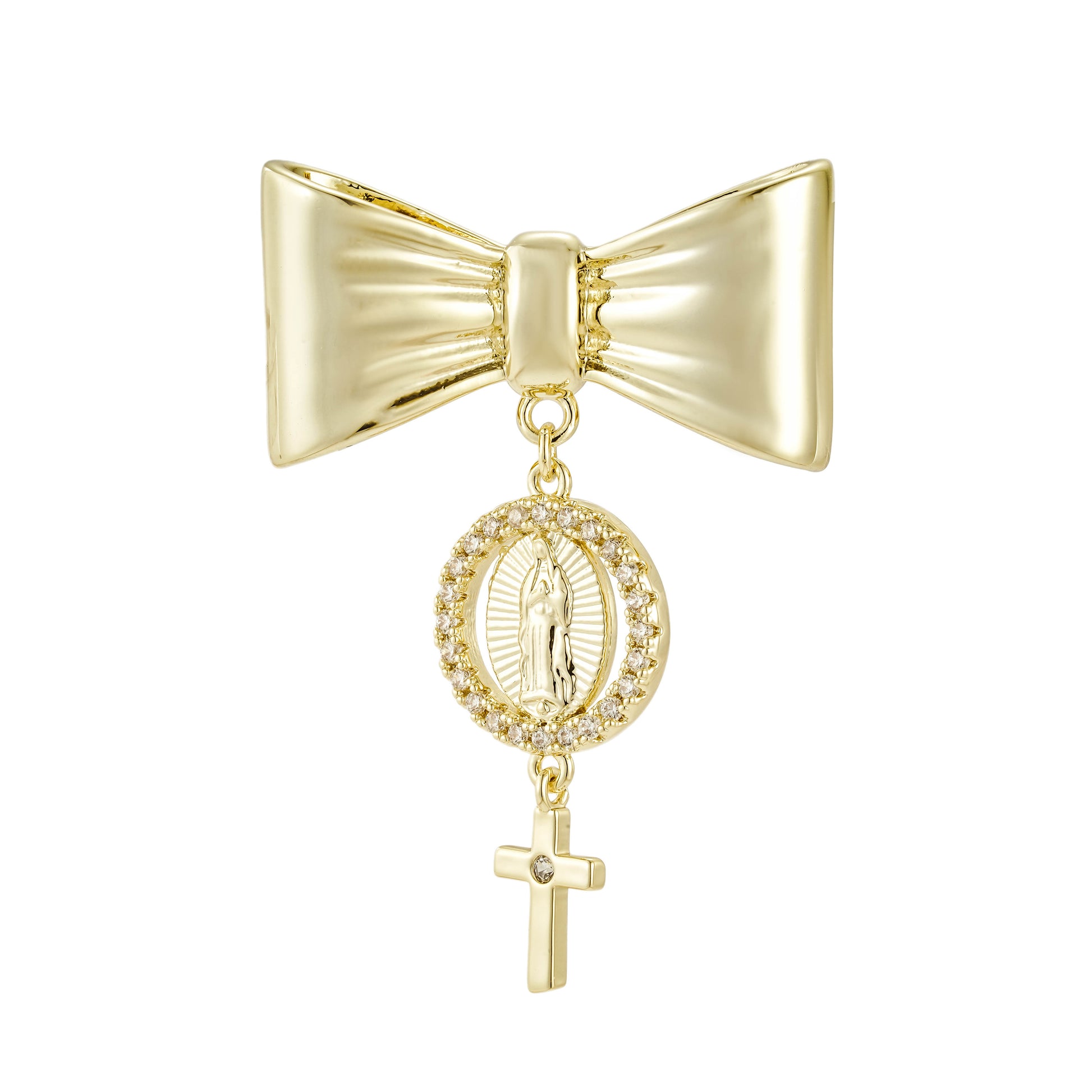 Pin de Bebé con moño y medalla de cruz.