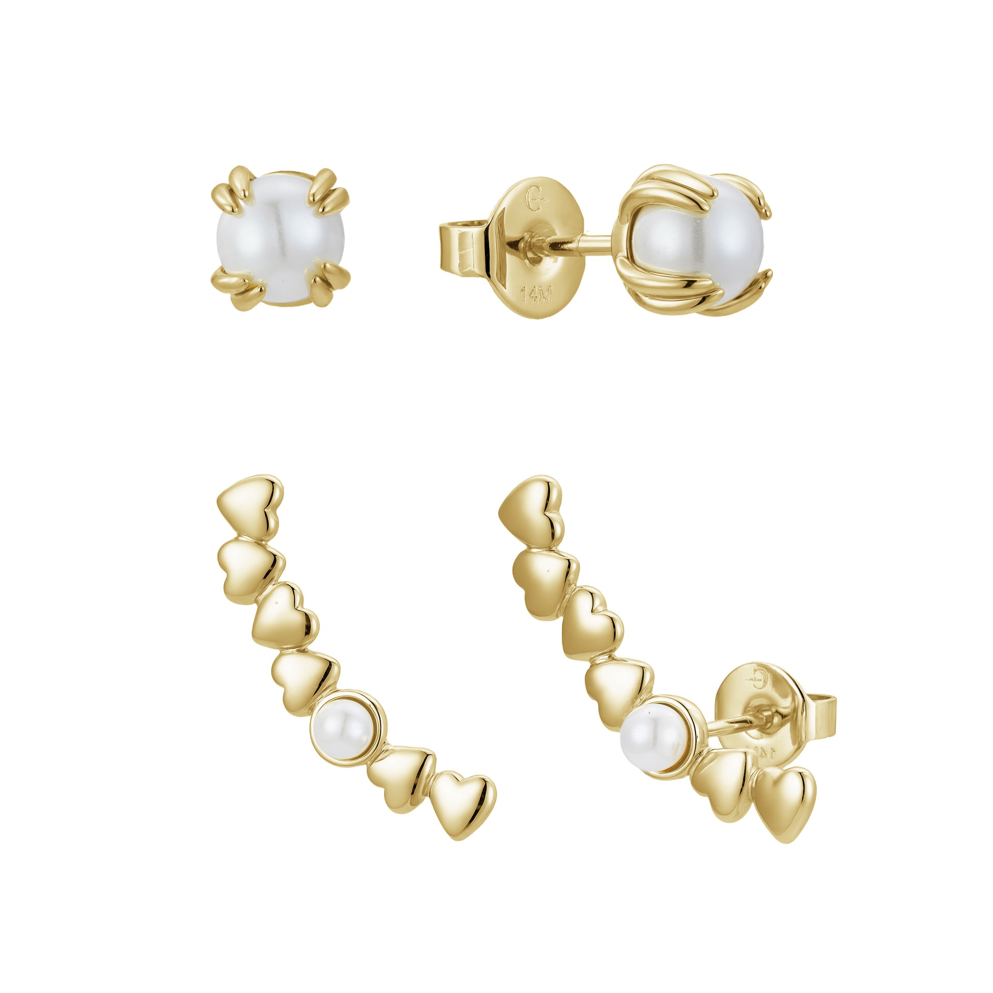 Aretes Dorados con Perlas y Corazones