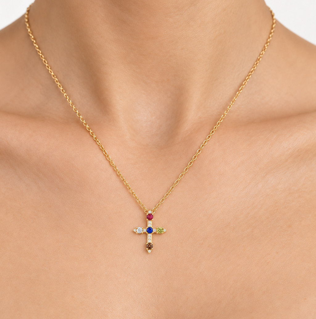 Collar Cruz con Circonias Multicolor