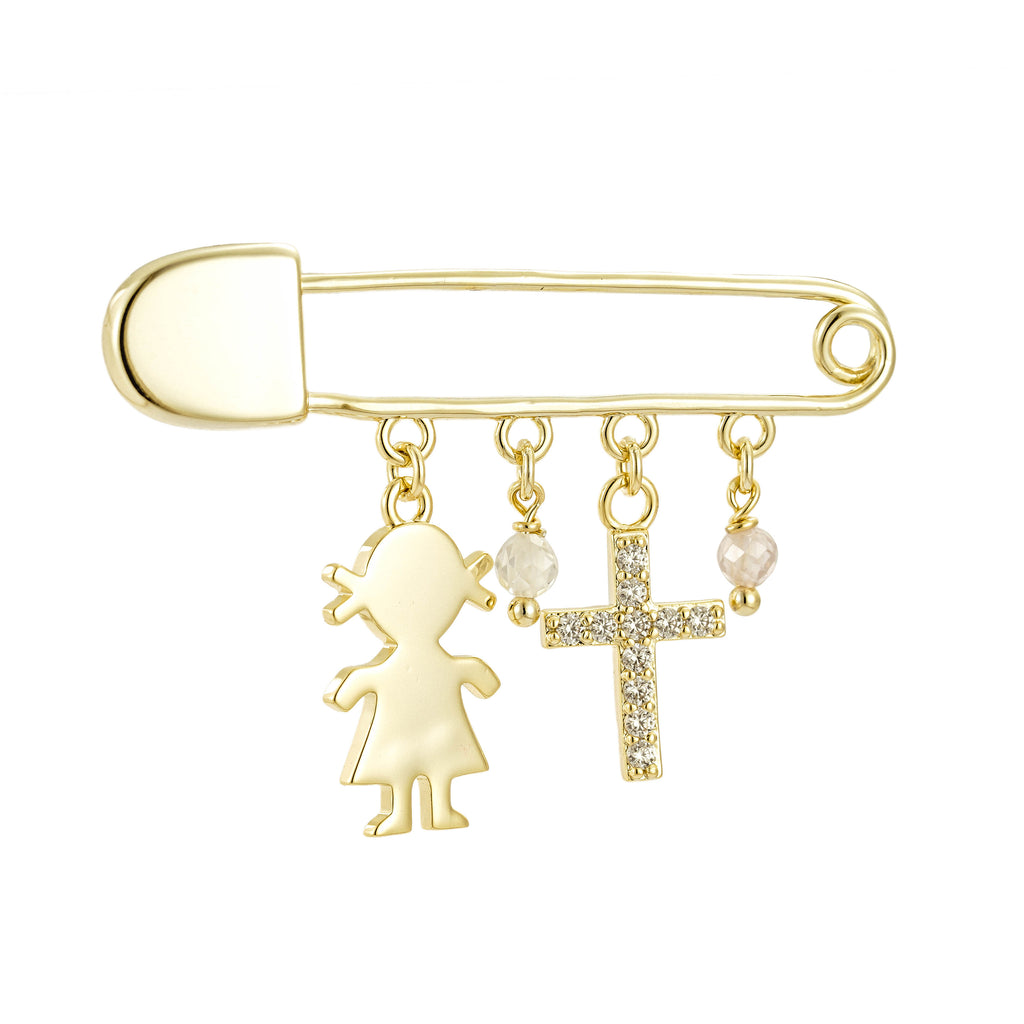Pin de Bebé con dijes de Cruz y Niña