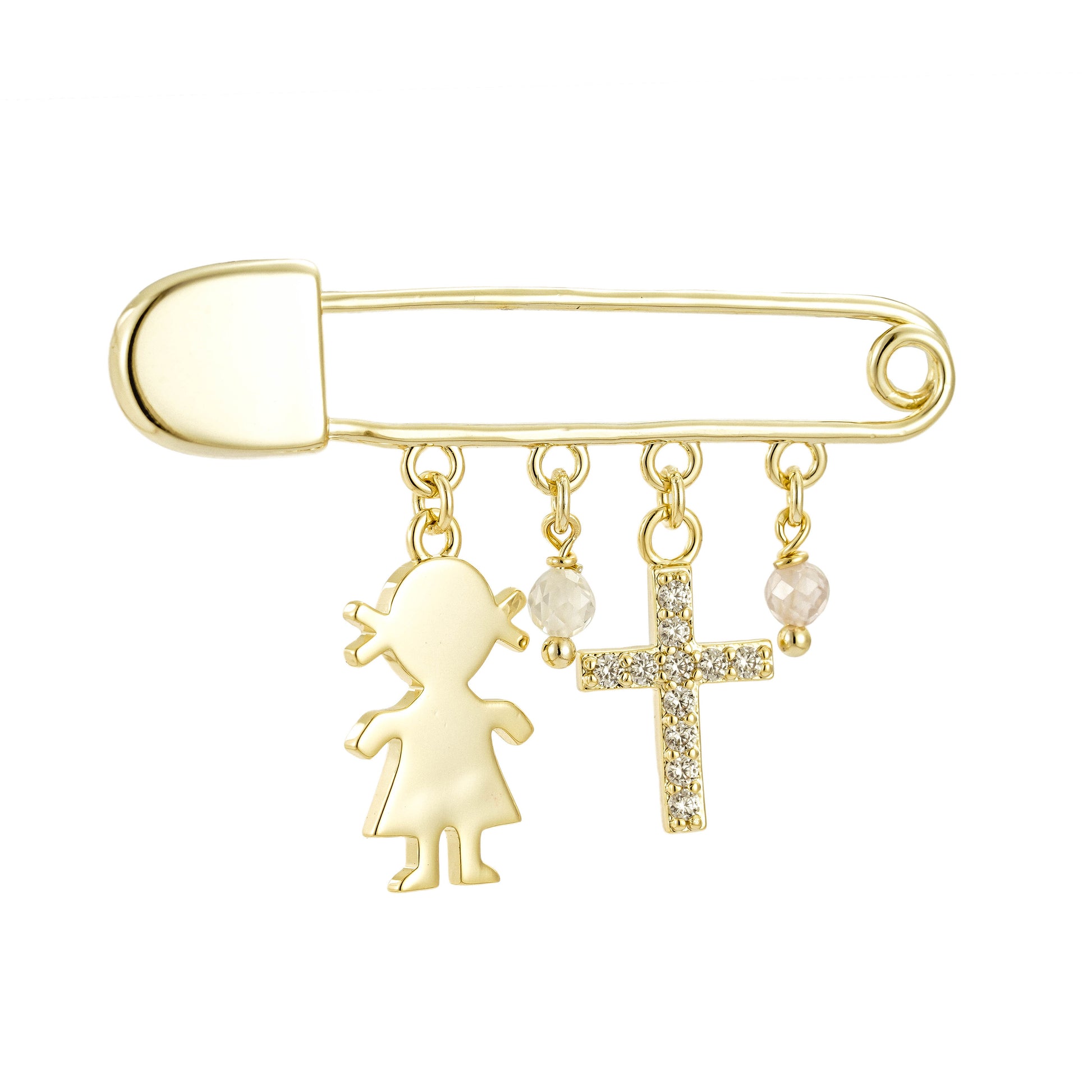 Pin de Bebé con dijes de Cruz y Niña