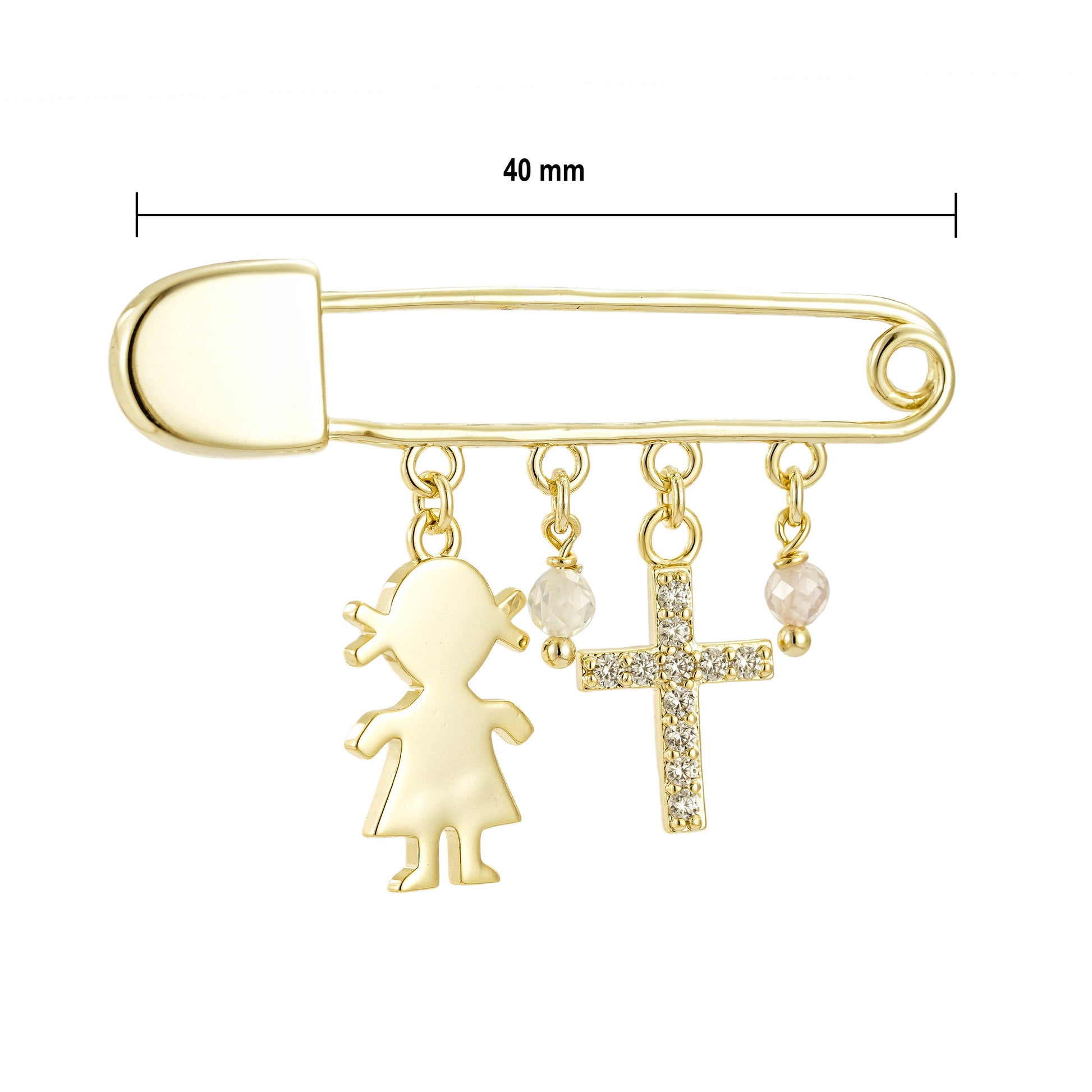 Pin de Bebé con dijes de Cruz y Niña