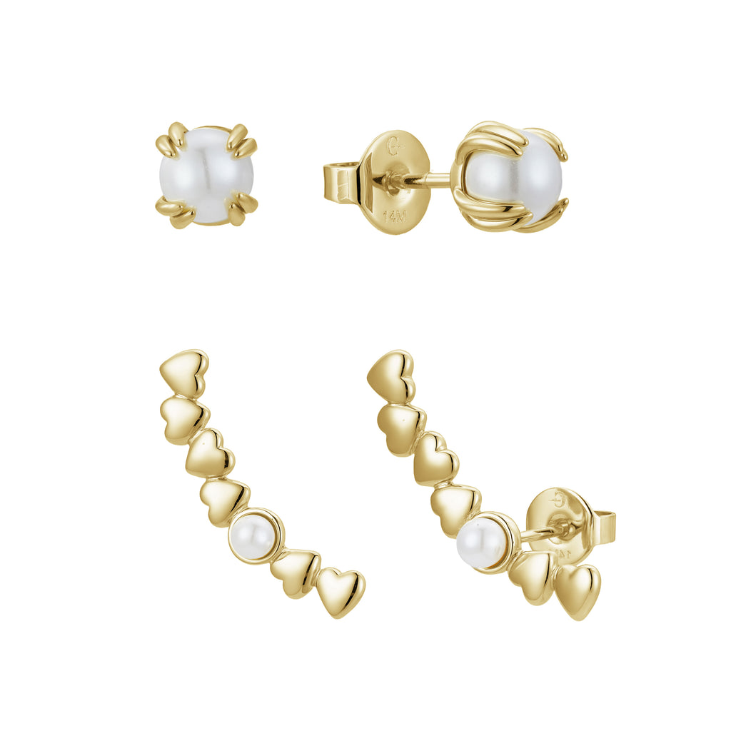 Aretes Dorados con Perlas y Corazones
