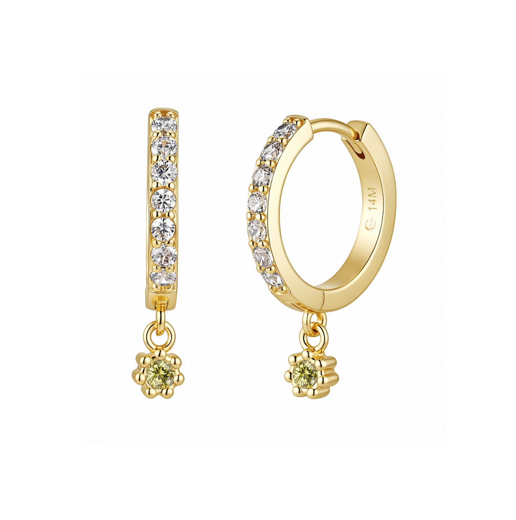 Aretes Huggie con Circonias y Dije Floral
