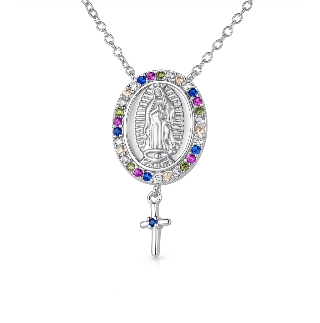 Collar Plateado Guadalupana con Cruz Colgante